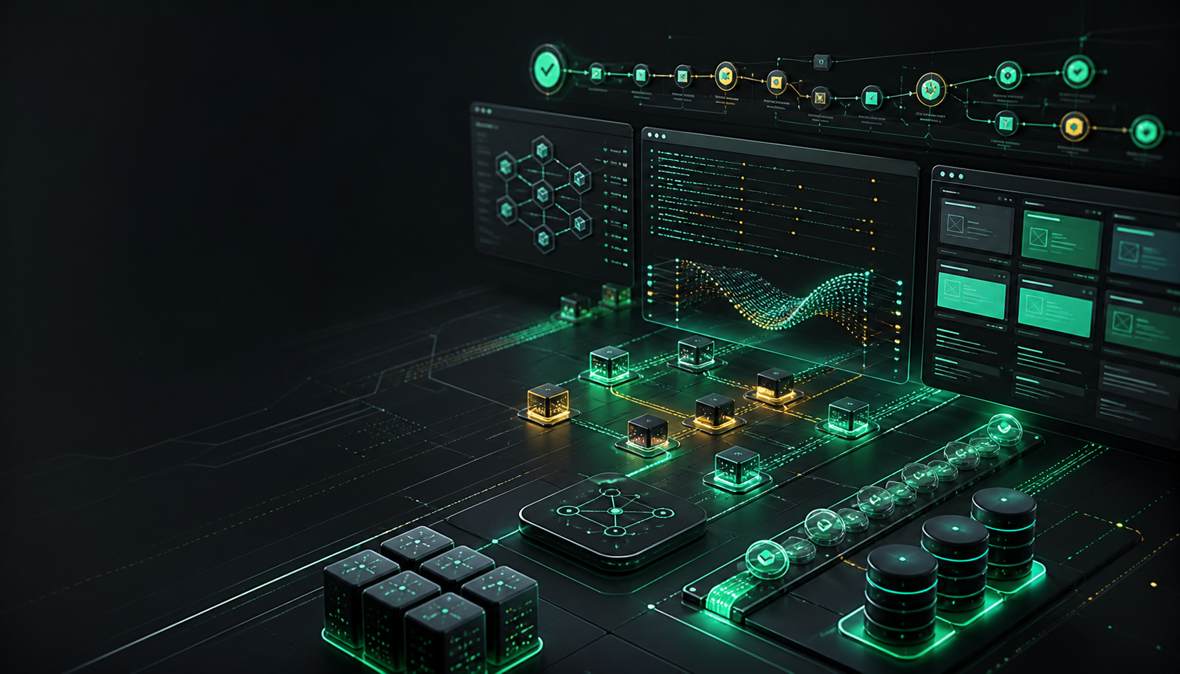 Abstract QA automation dashboard showing CI pipelines, microservice nodes, database blocks, and validation signals.